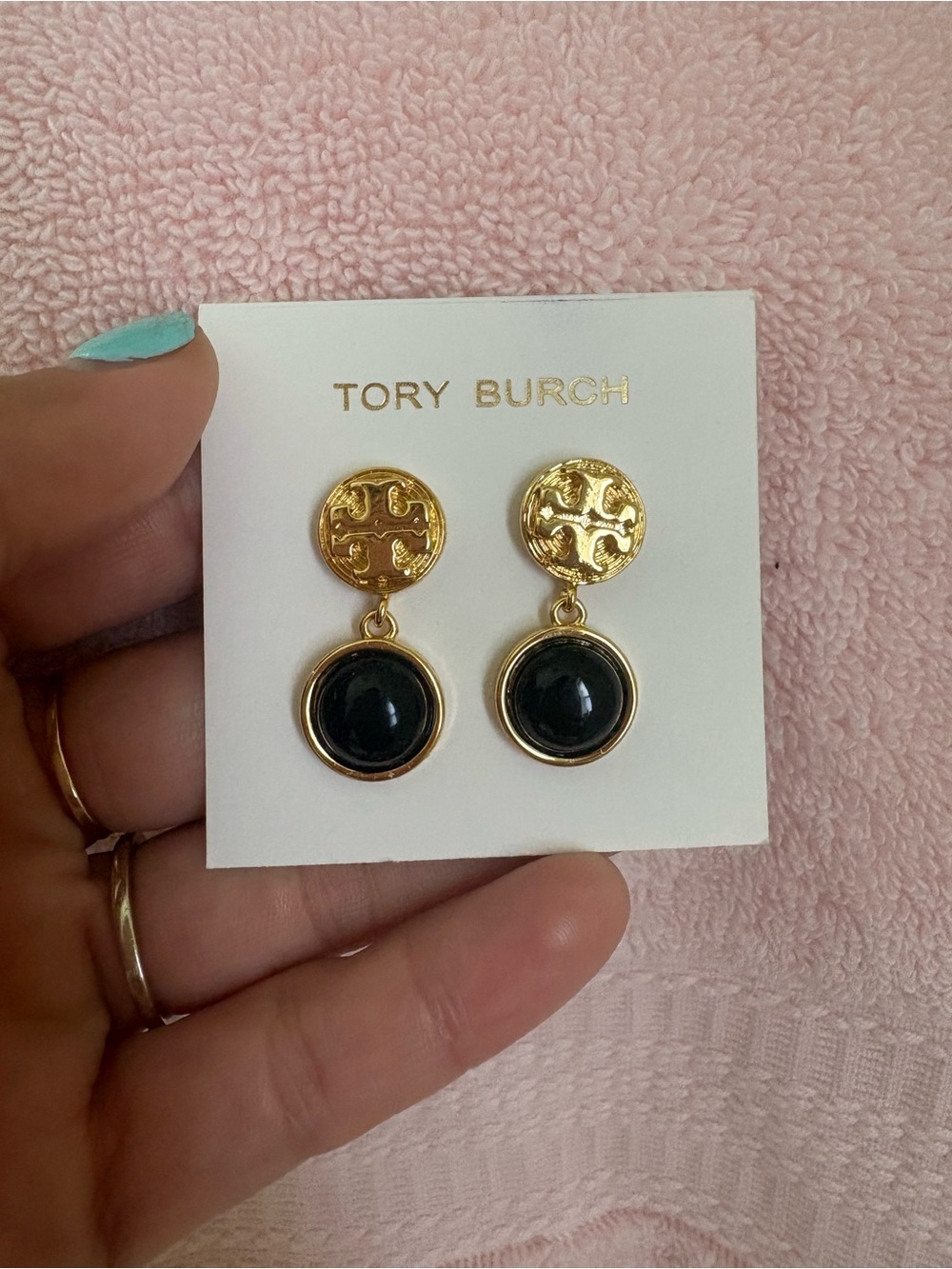 Tory Burch Gold and Black Drop Earrings with Logo Medallions